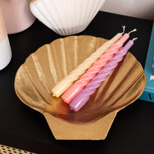 Load image into Gallery viewer, Bowl Stella Gold with Twisted Dinner Candles Luna Cream Soft Pink and Soft Lila.jpg