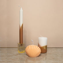 Load image into Gallery viewer, Dinner Candle Lavie Blush in Candle Holder Harper Daffodil with Shell Candle Sophia Tangerine and Pillar Candle Livay Blush