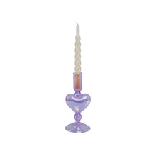 Load image into Gallery viewer, Glass Candle Holder Heart Lilac with Twisted Dinner Candle Sterre Cream Gold Dust Glossy