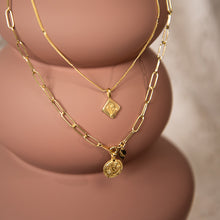 Load image into Gallery viewer, Sunshine Pendant on Square Chain Necklace and Wildflower Pendant on Violet Necklace
