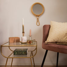 Load image into Gallery viewer, Treasure Holder Galaxy Dark Rose and Pillar Candle Eyre Aquarelle on table with Glass Candle Holder Lola Oat and Odetta Clear with on the wall Mirror Alix Bamboo