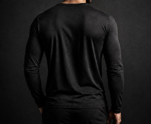 Back view of the black NORE Henley showing the tapered fit