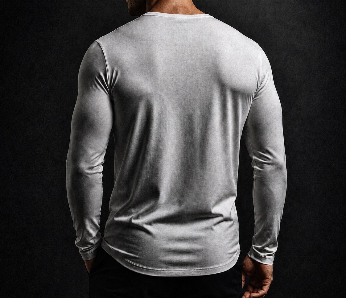 Back view of the white NORE Henley long-sleeve shirt