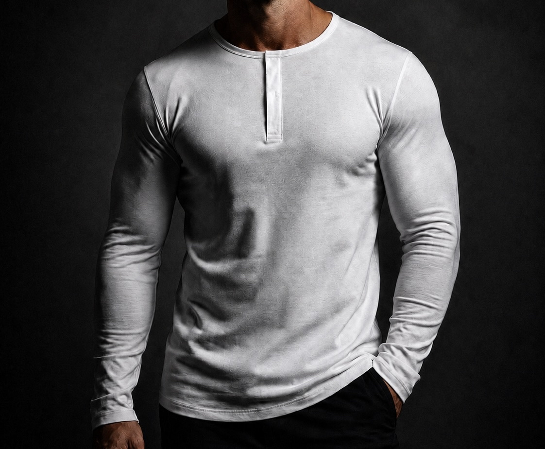 Man wearing the NORE Henley in white, fitted long-sleeve henley, front view