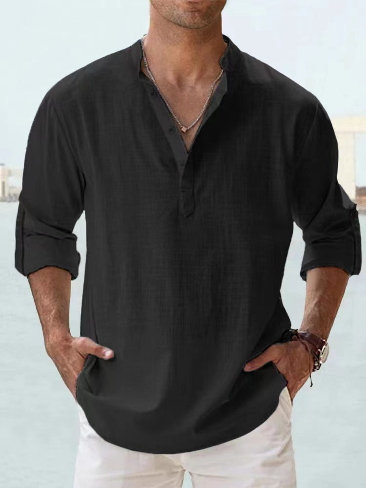 The NORE Popover — Cotton-Linen Band Collar Shirt