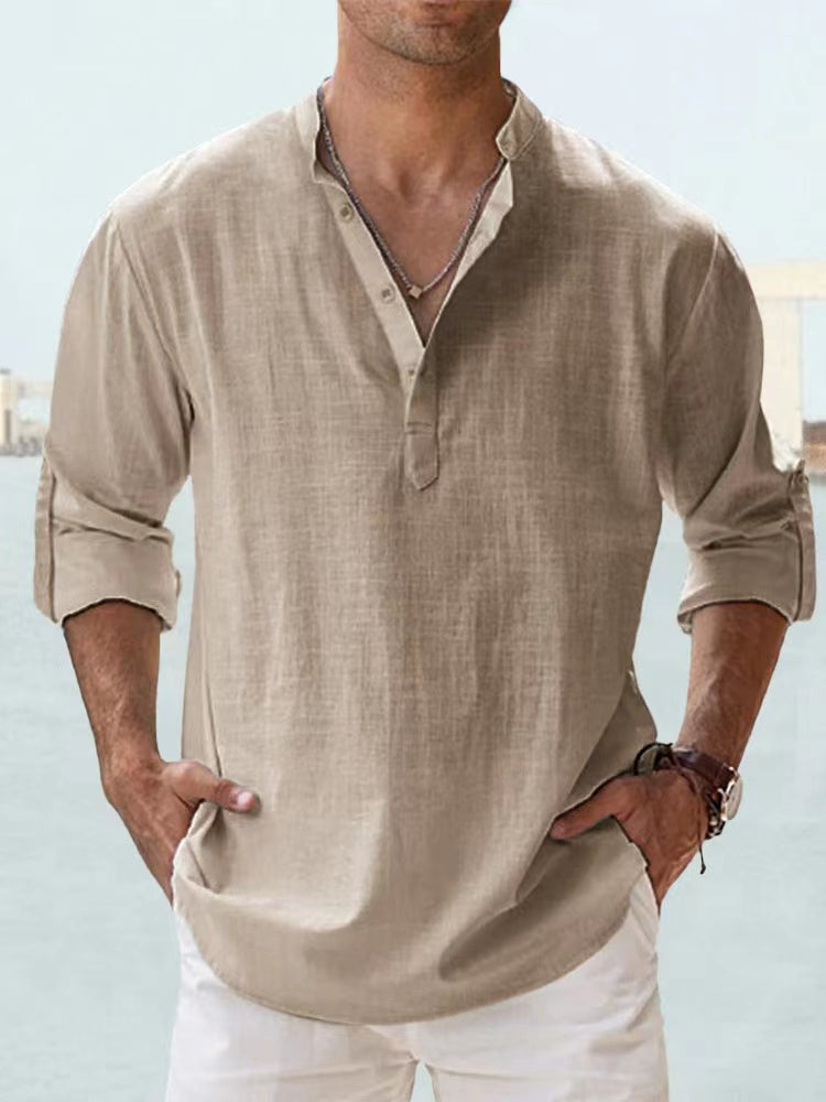 The NORE Popover — Cotton-Linen Band Collar Shirt