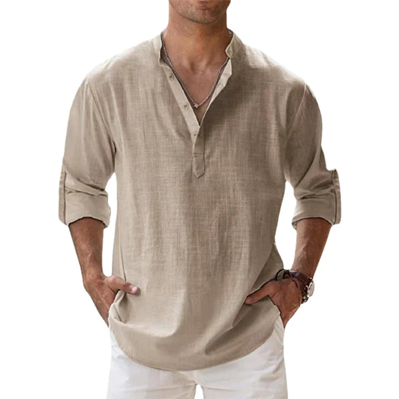 The NORE Popover — Cotton-Linen Band Collar Shirt