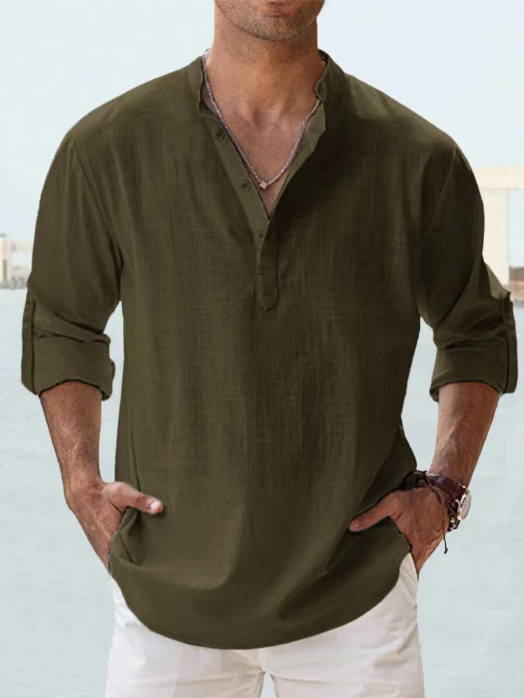 The NORE Popover — Cotton-Linen Band Collar Shirt
