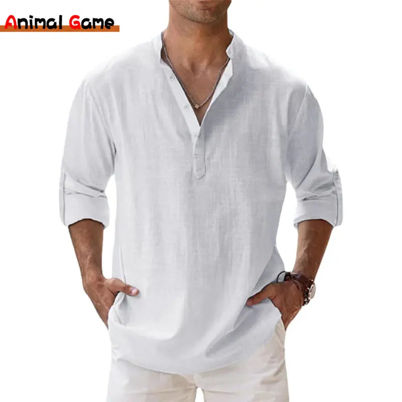 The NORE Popover — Cotton-Linen Band Collar Shirt