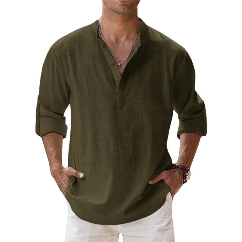 The NORE Popover — Cotton-Linen Band Collar Shirt