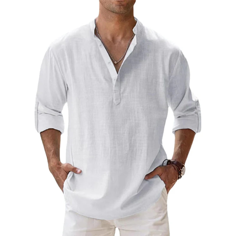 The NORE Popover — Cotton-Linen Band Collar Shirt