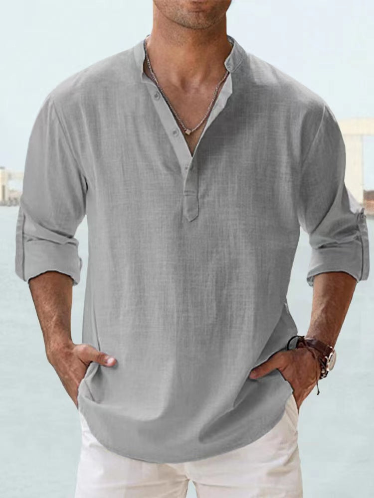 The NORE Popover — Cotton-Linen Band Collar Shirt