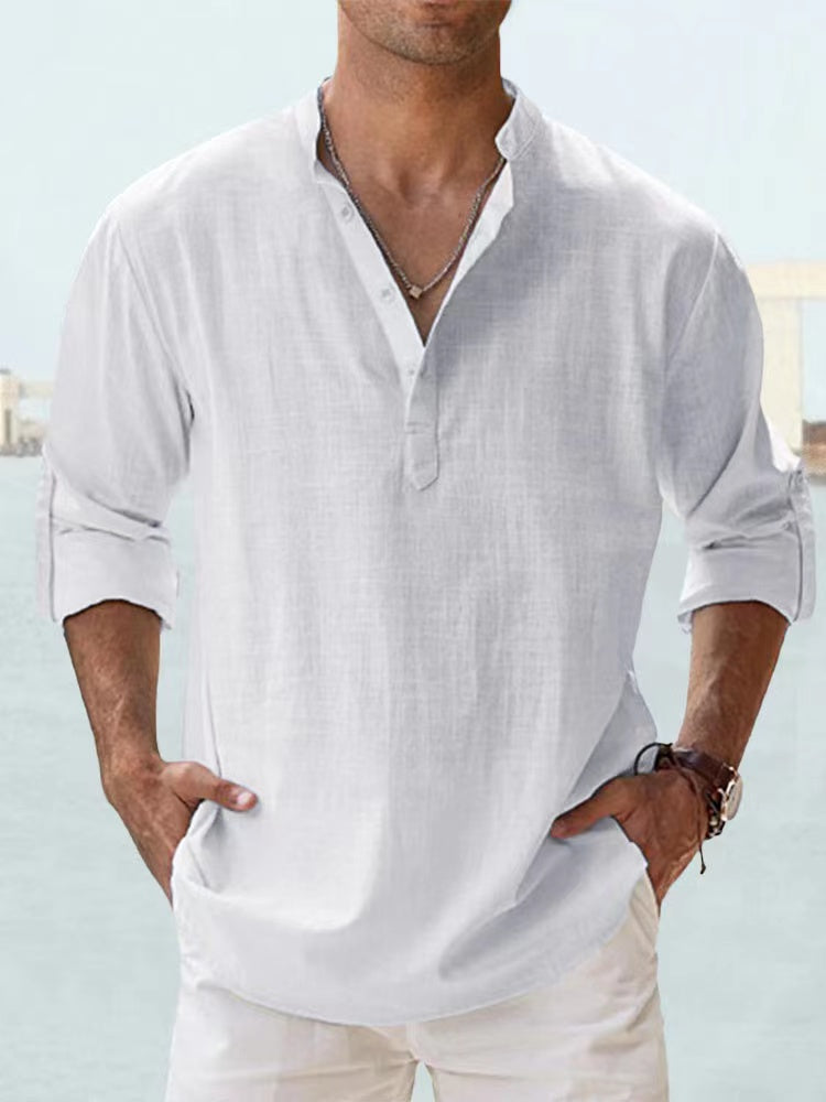 The NORE Popover — Cotton-Linen Band Collar Shirt