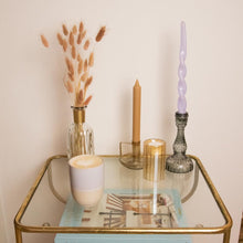 Load image into Gallery viewer, Coffee Cups Lungo Noma Lilac with Glass Candle Holder Libby Amber, Tea Light Holder Lyse Amber and Twisted Dinner Candles Moise Lilac
